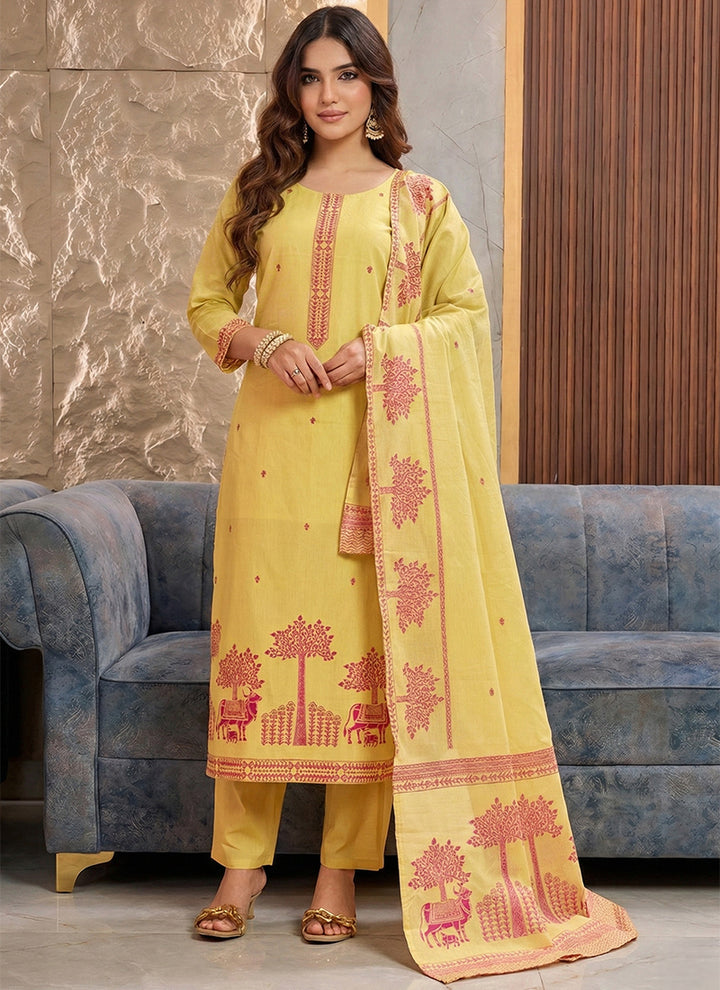 Yellow Pure Cotton Jacquard Haldi Kurta Set