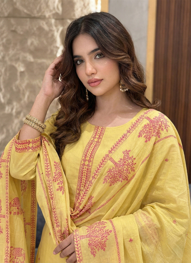 Yellow Pure Cotton Jacquard Haldi Kurta Set