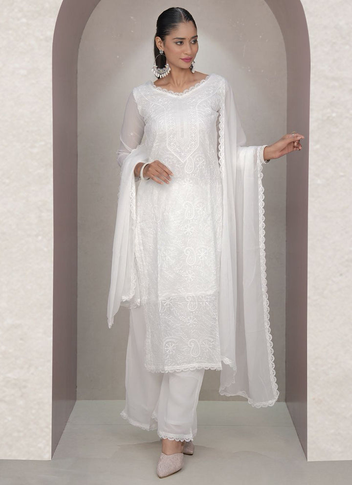 White Chikankari Georgette Palazzo Style Kurta Set