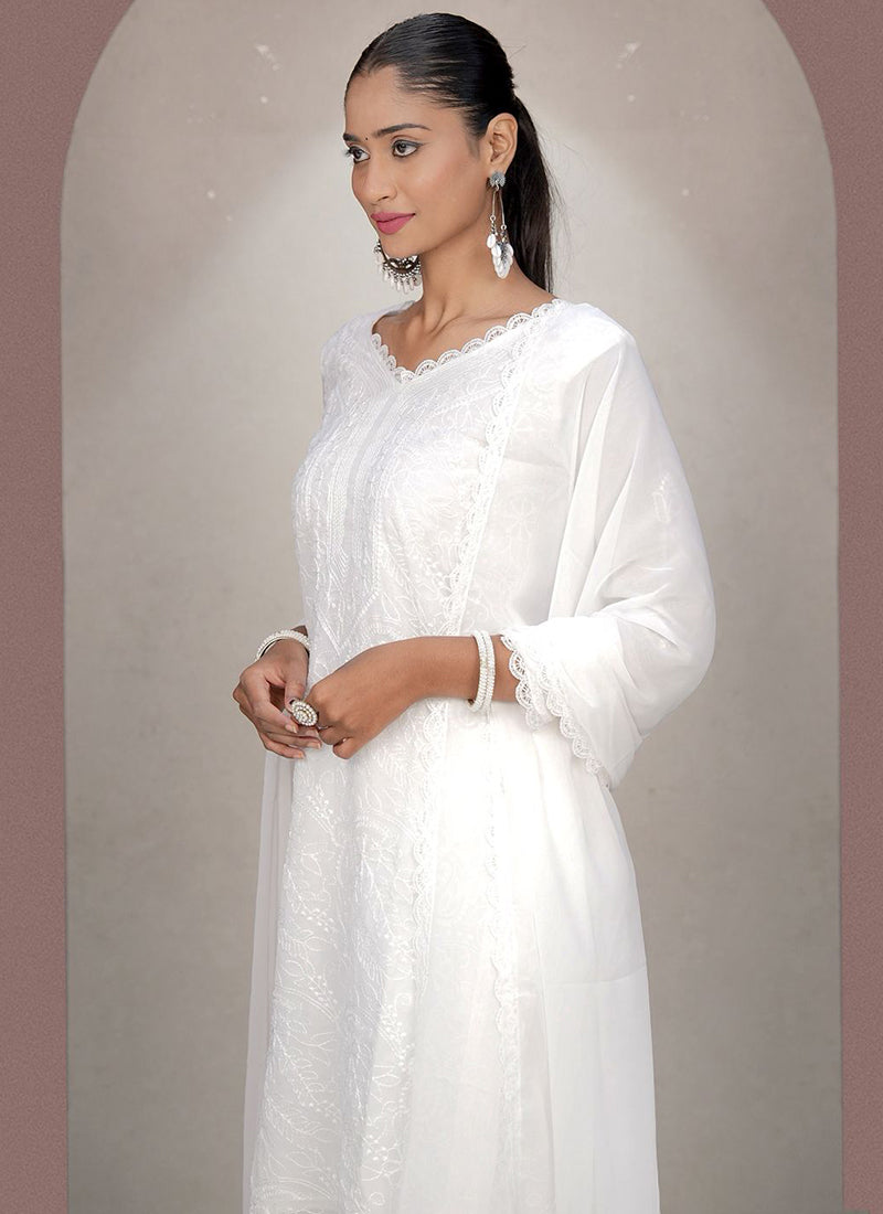 White Chikankari Georgette Palazzo Style Kurta Set