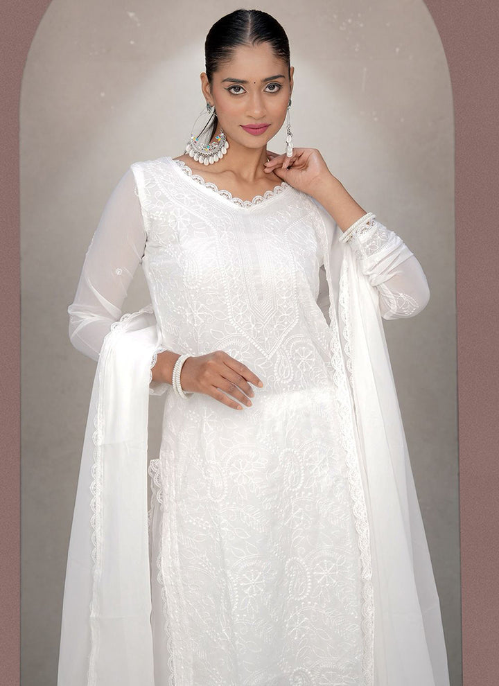 White Chikankari Georgette Palazzo Style Kurta Set