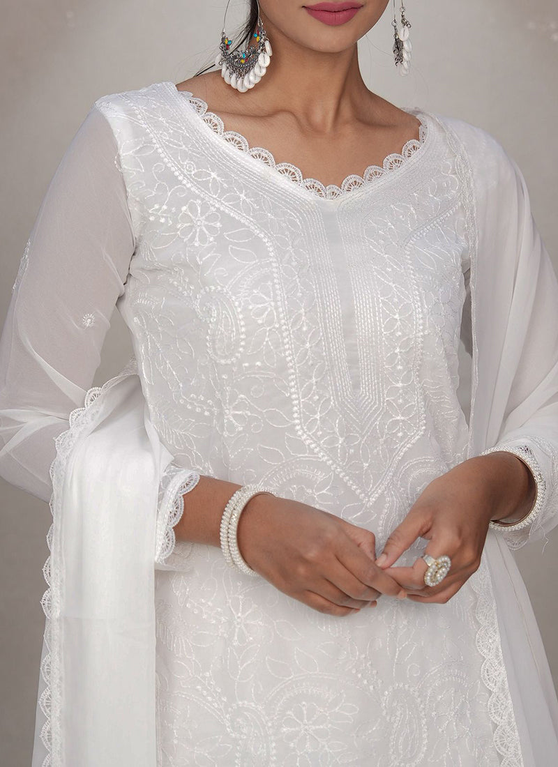 White Chikankari Georgette Palazzo Style Kurta Set