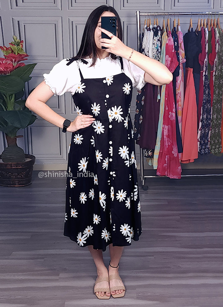 Black Sunflower Printed Two Piece Dungaree Dress