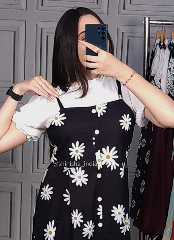 Black Sunflower Printed Two Piece Dungaree Dress