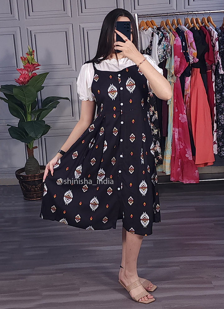 Black Geometric Printed Two Piece Dungaree Dress