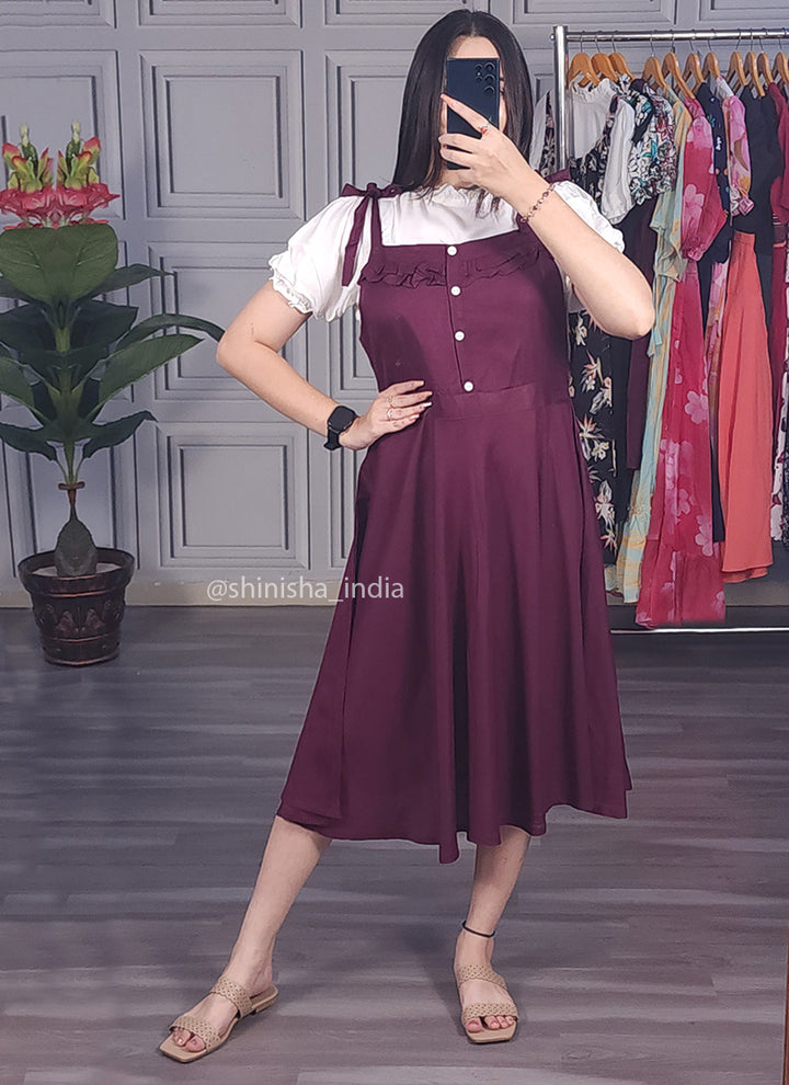 Wine Solid Two Piece Dungaree Dress