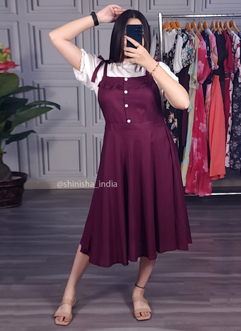 Wine Solid Two Piece Dungaree Dress