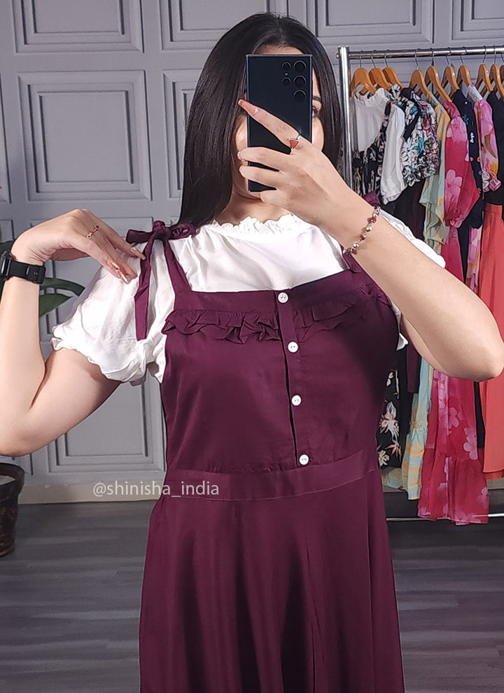 Wine Solid Two Piece Dungaree Dress