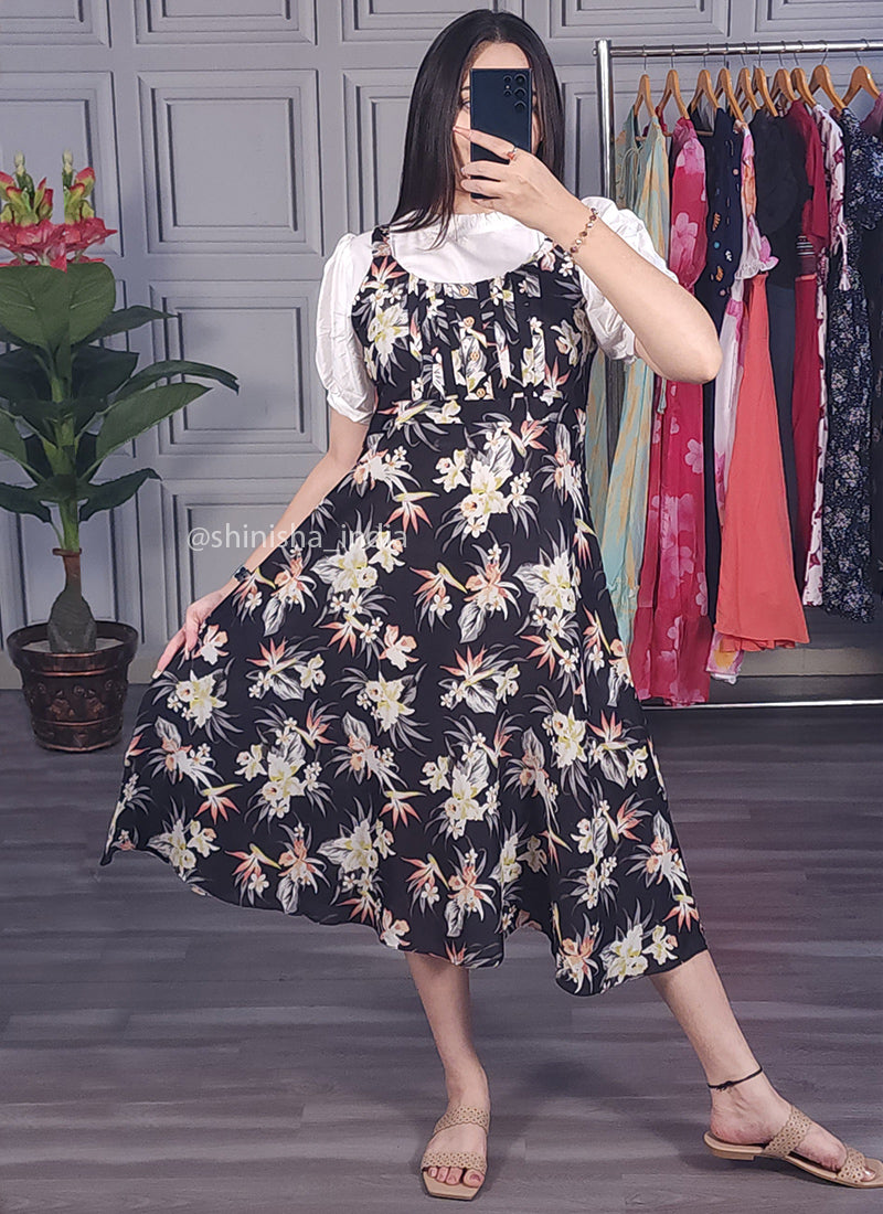 Multicolor Floral Printed Dungaree Dress