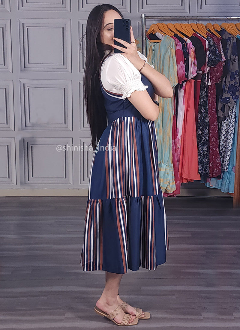 navy blue dungaree dress Nebbia - Set: Long-Sleeve Plain Shirt + Midi A-Line Dungaree Dress