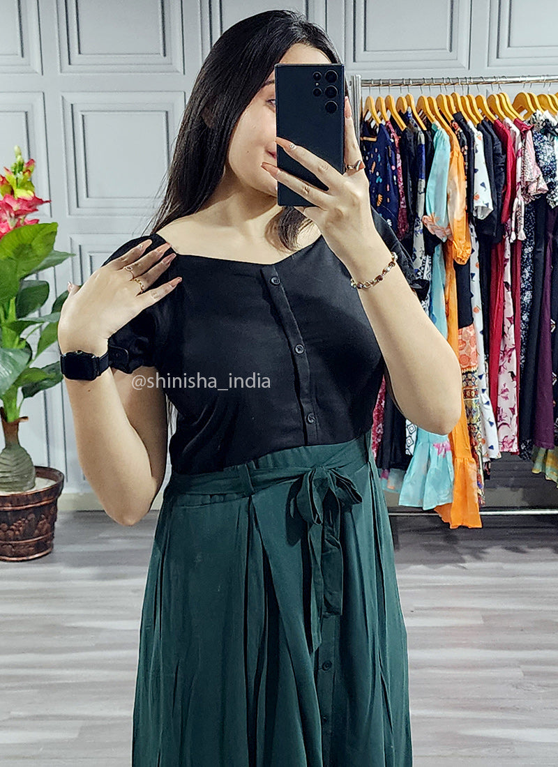 Black And Green Solid Rayon Dress