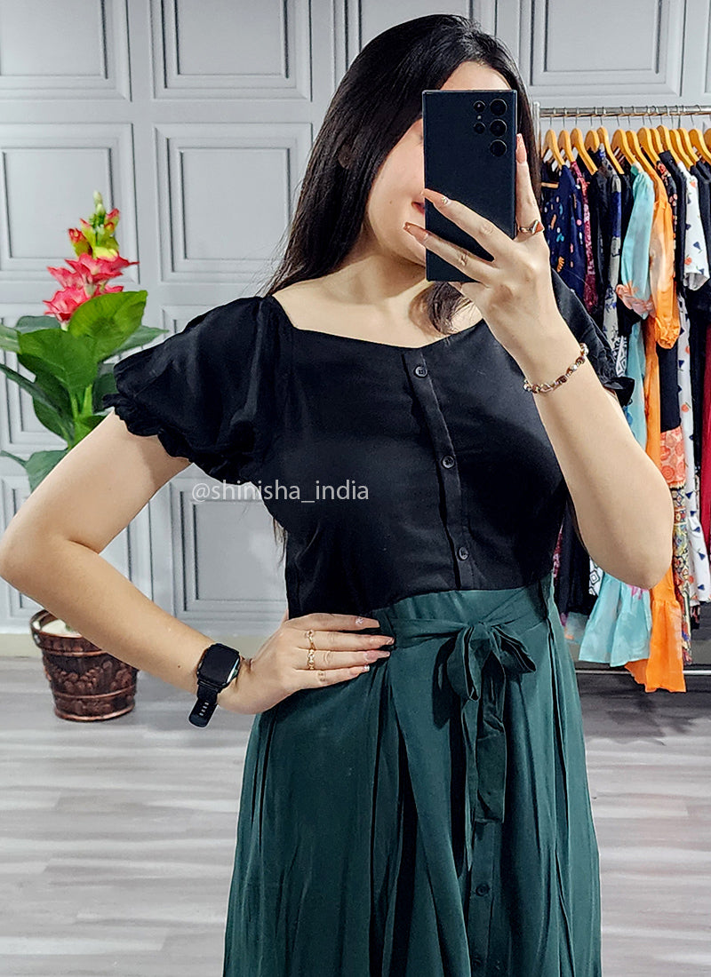 Black And Green Solid Rayon Dress