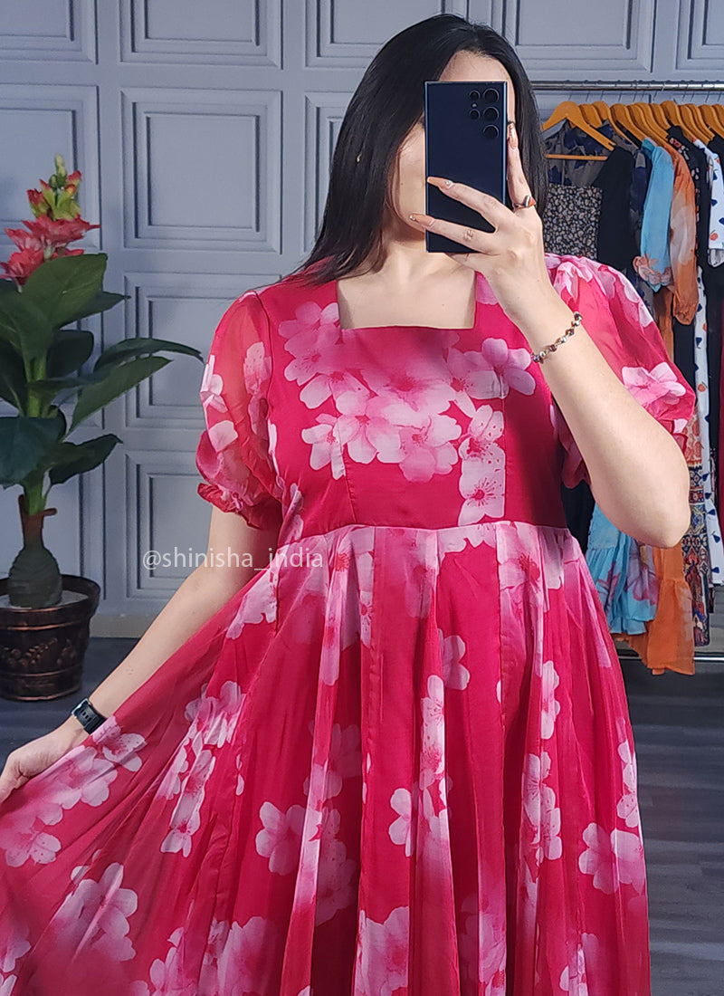 Pink Floral Printed Organza Maxi Dress