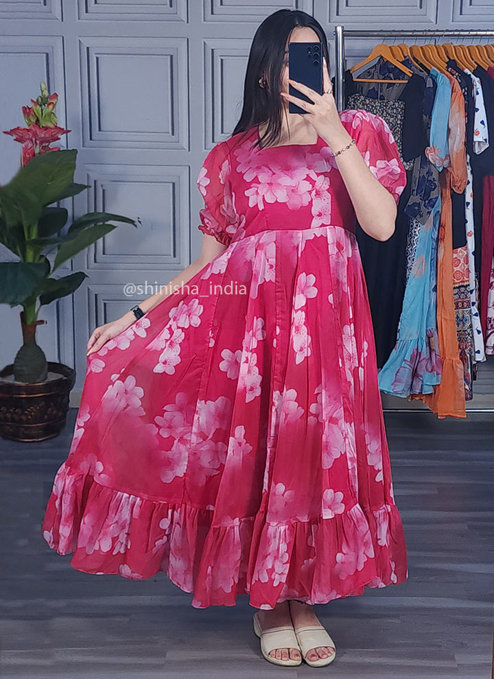 Pink Floral Printed Organza Maxi Dress