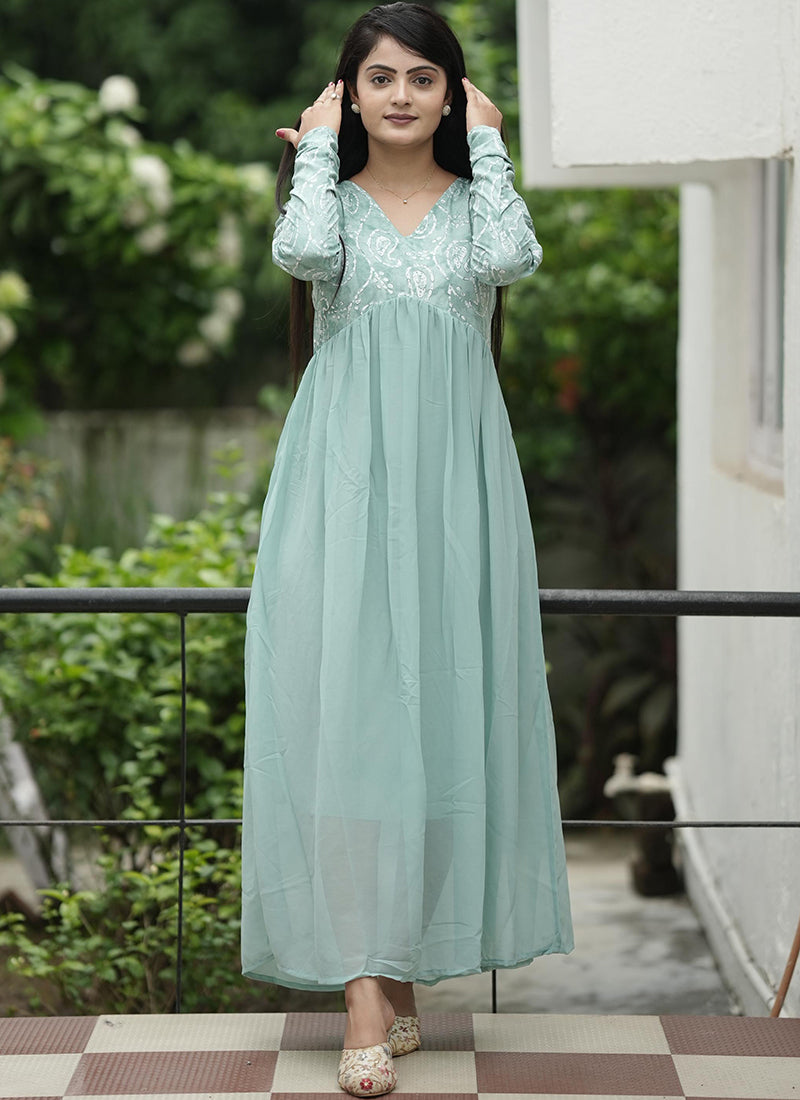 Georgette Ethnic Dress Sea Green Printed Maxi dress Shinisha Georgette Ethnic Dress Sea Green Printed Maxi dress Shinisha