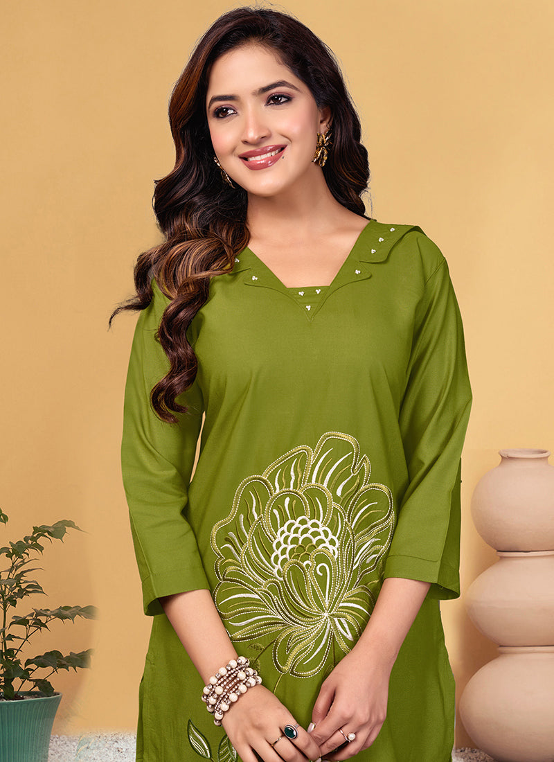 Viscose Rayon Green V Neck Cord Set For Outwear