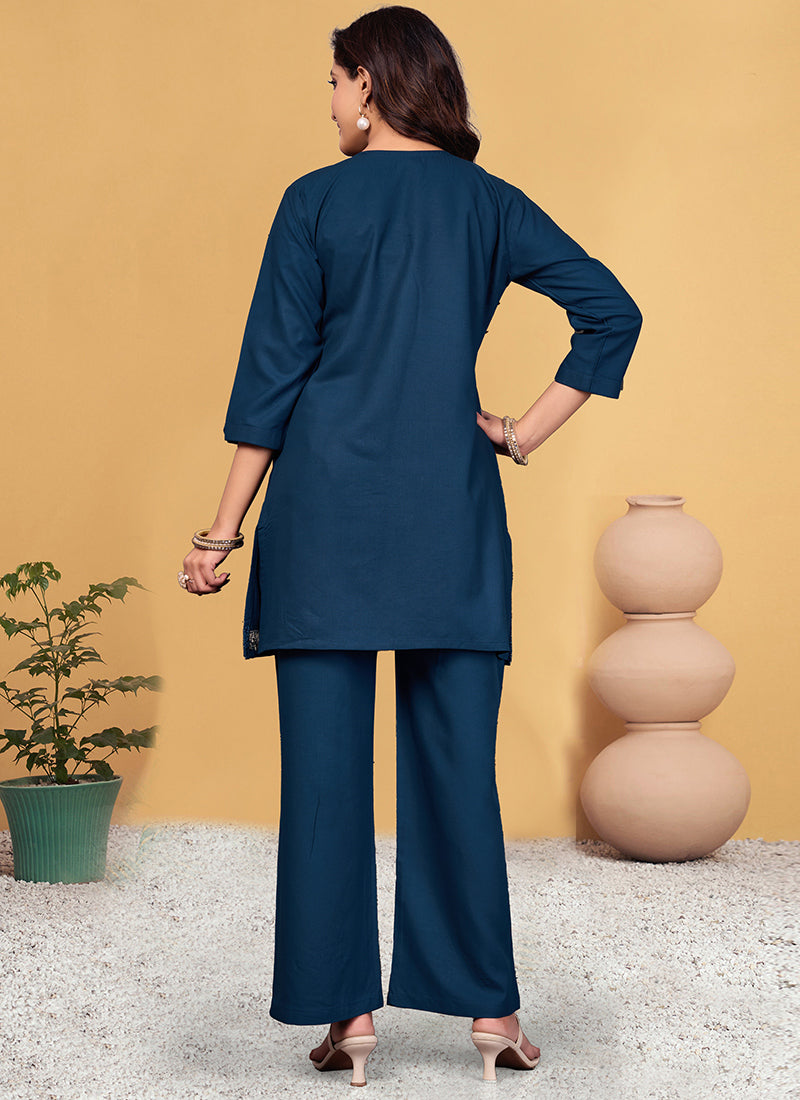 Blue Viscose Rayon Embroidered Cord Set