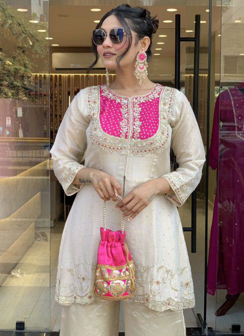 Off White And Magenta Embroidered Kurta With Palazzo Pant