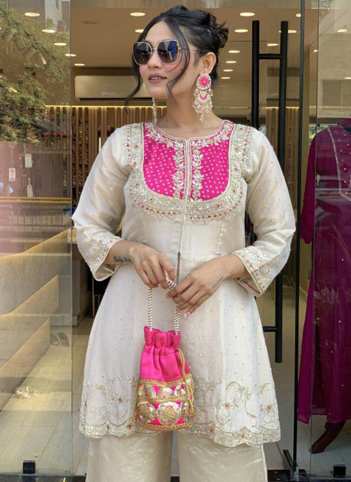 Off White And Magenta Embroidered Kurta With Palazzo Pant