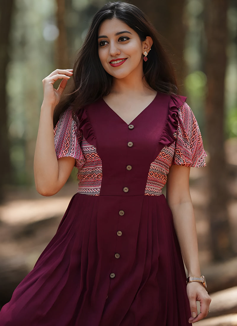 Cherubic Maroon Color Digital Printed Knife Pleat Dress