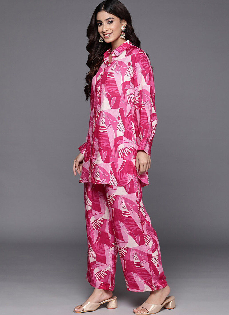 Hot Pink Color Printed Cotton Rayon Cord Set