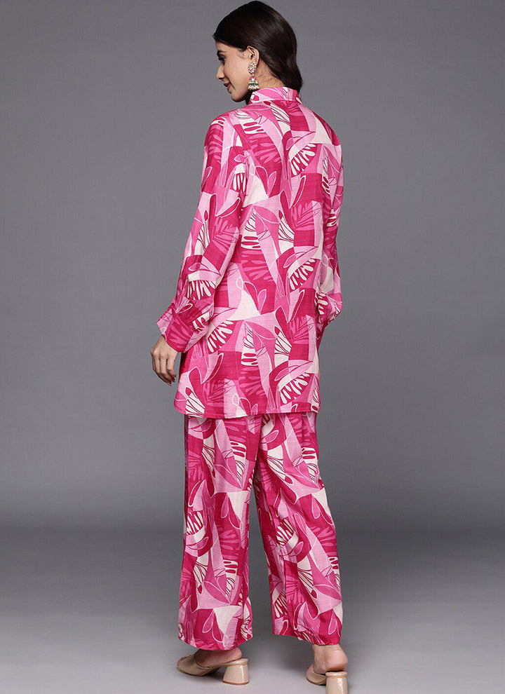 Hot Pink Color Printed Cotton Rayon Cord Set