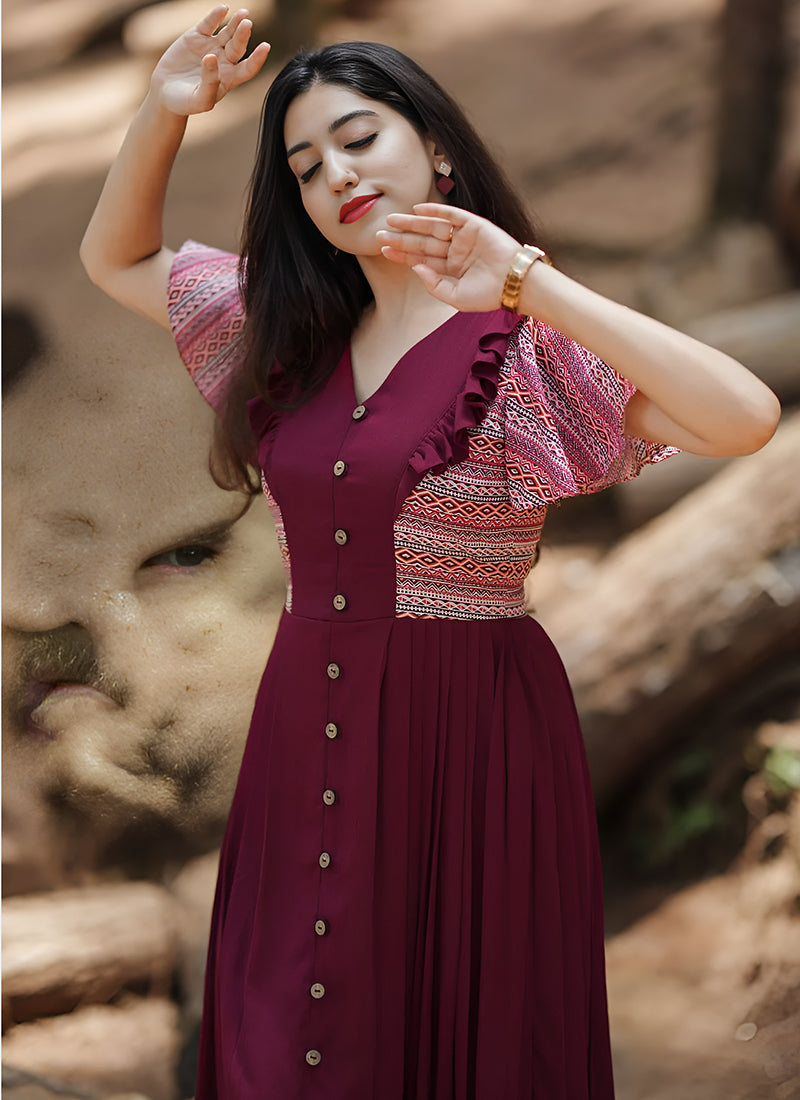 Cherubic Maroon Color Digital Printed Knife Pleat Dress