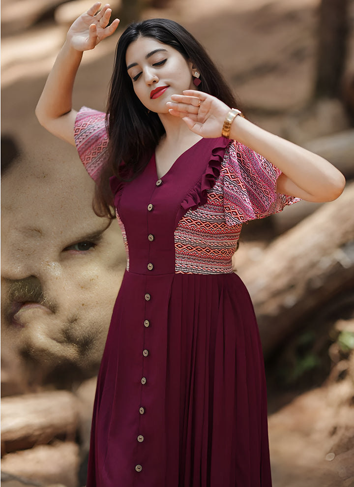 Cherubic Maroon Color Digital Printed Knife Pleat Dress