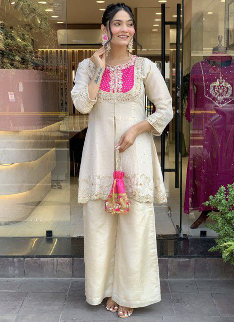 Off White And Magenta Embroidered Kurta With Palazzo Pant
