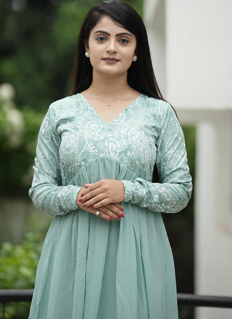Georgette Ethnic Dress Sea Green Printed Maxi dress Shinisha Georgette Ethnic Dress Sea Green Printed Maxi dress Shinisha