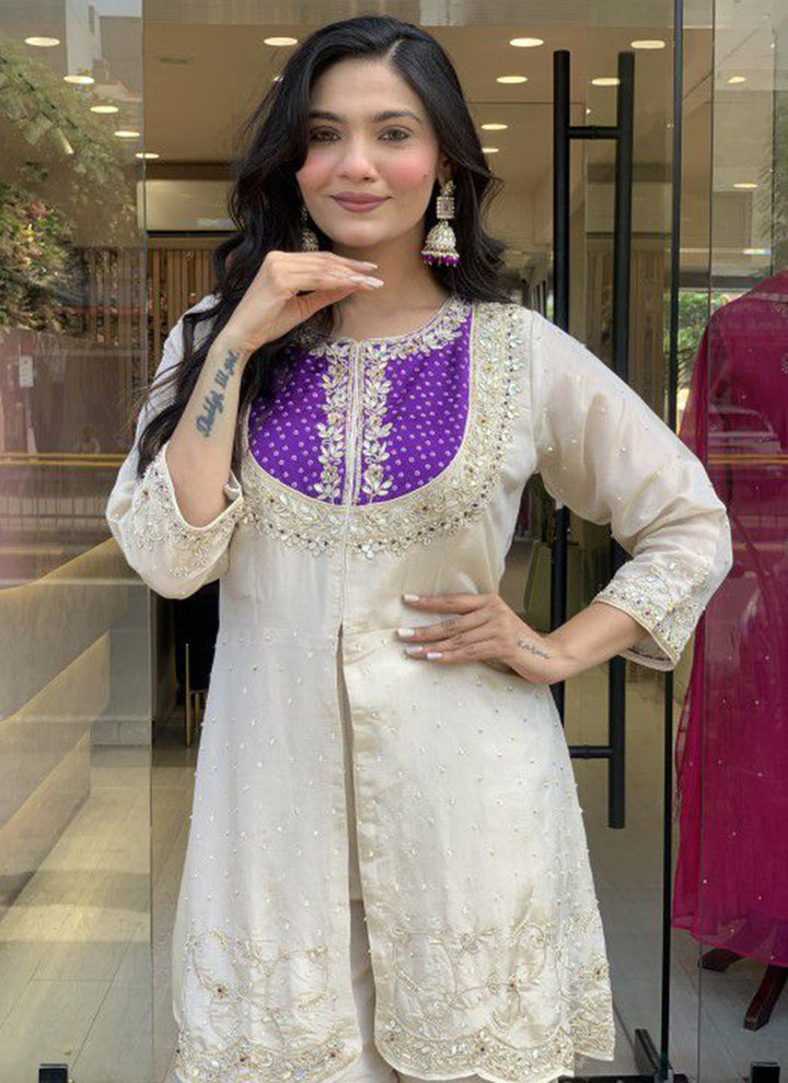 Off White And Purple Embroidered Kurta With Palazzo Pant