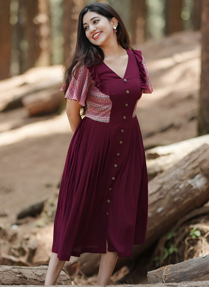 Cherubic Maroon Color Digital Printed Knife Pleat Dress