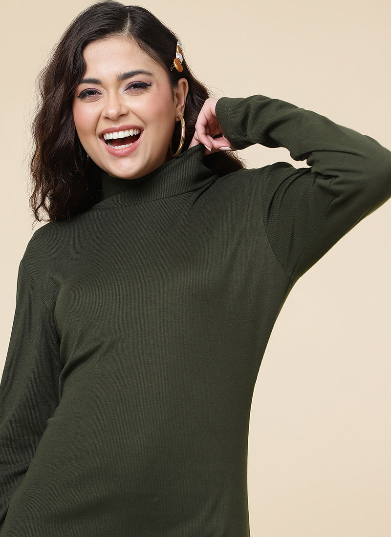 Lively Olive Green Turtle Neck Bodycon Dress