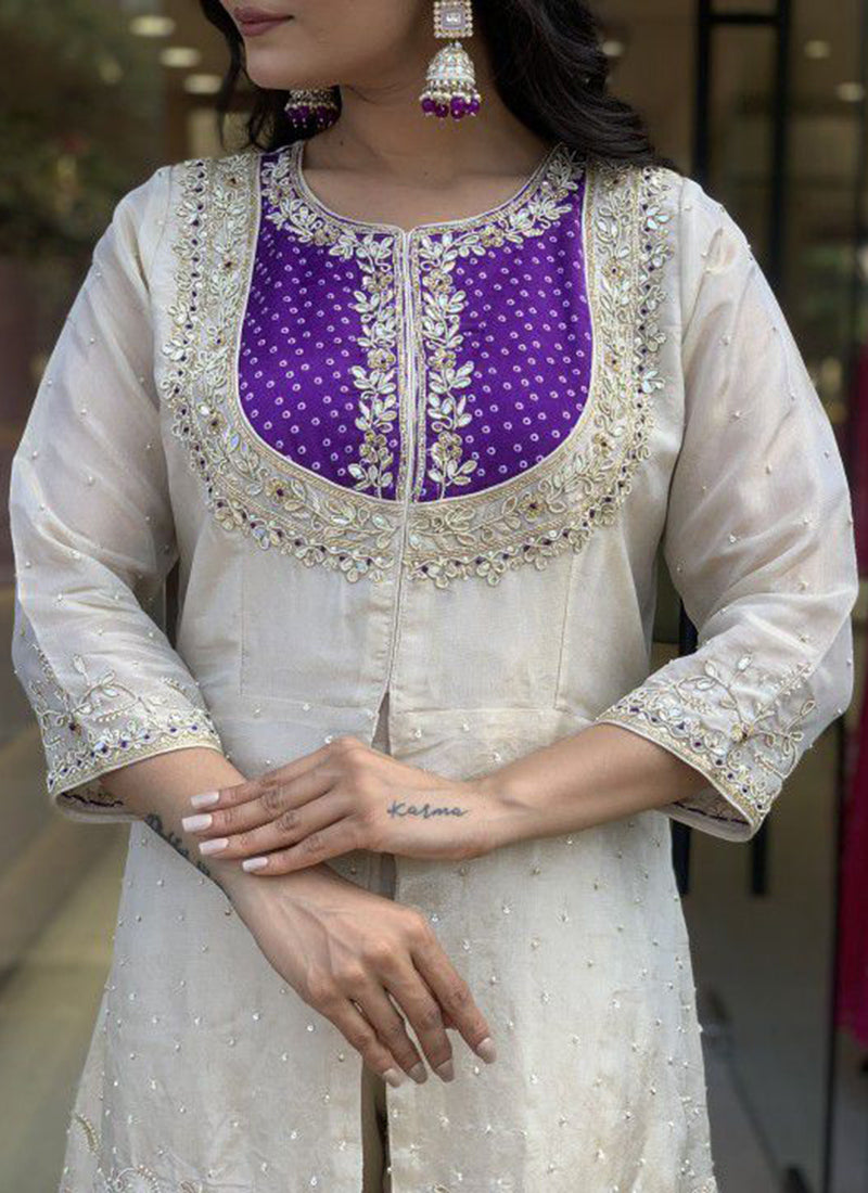 Off White And Purple Embroidered Kurta With Palazzo Pant