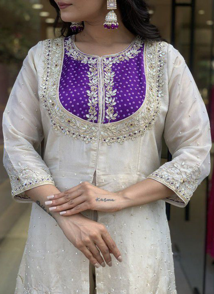 Off White And Purple Embroidered Kurta With Palazzo Pant