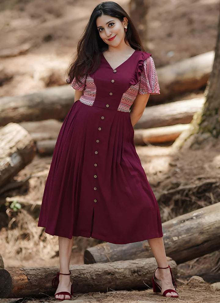 Cherubic Maroon Color Digital Printed Knife Pleat Dress