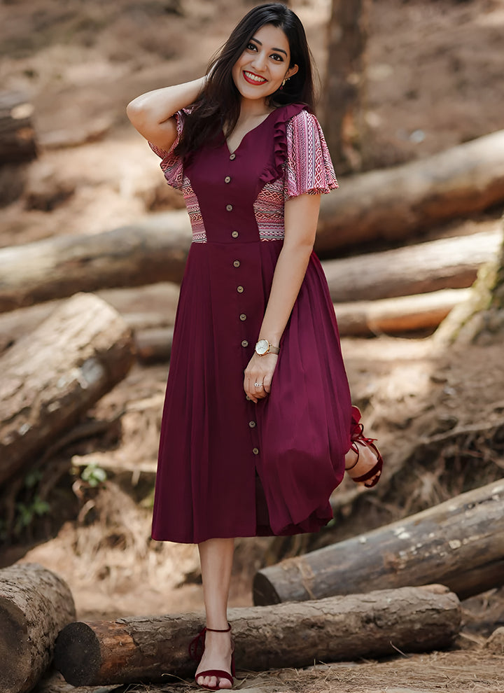 Cherubic Maroon Color Digital Printed Knife Pleat Dress