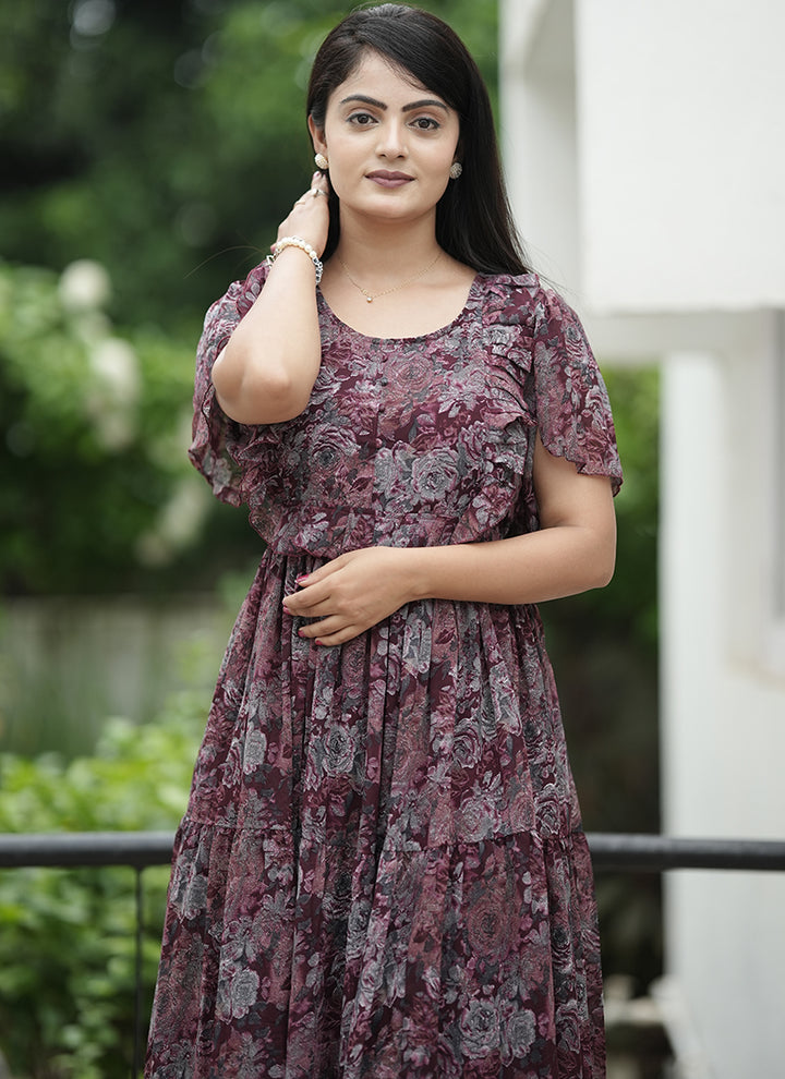 Maroon Georgette Printed Festive Dress