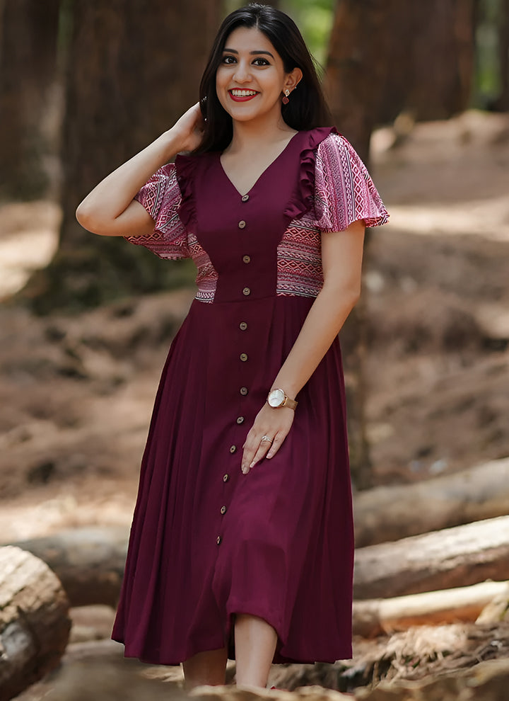 Cherubic Maroon Color Digital Printed Knife Pleat Dress