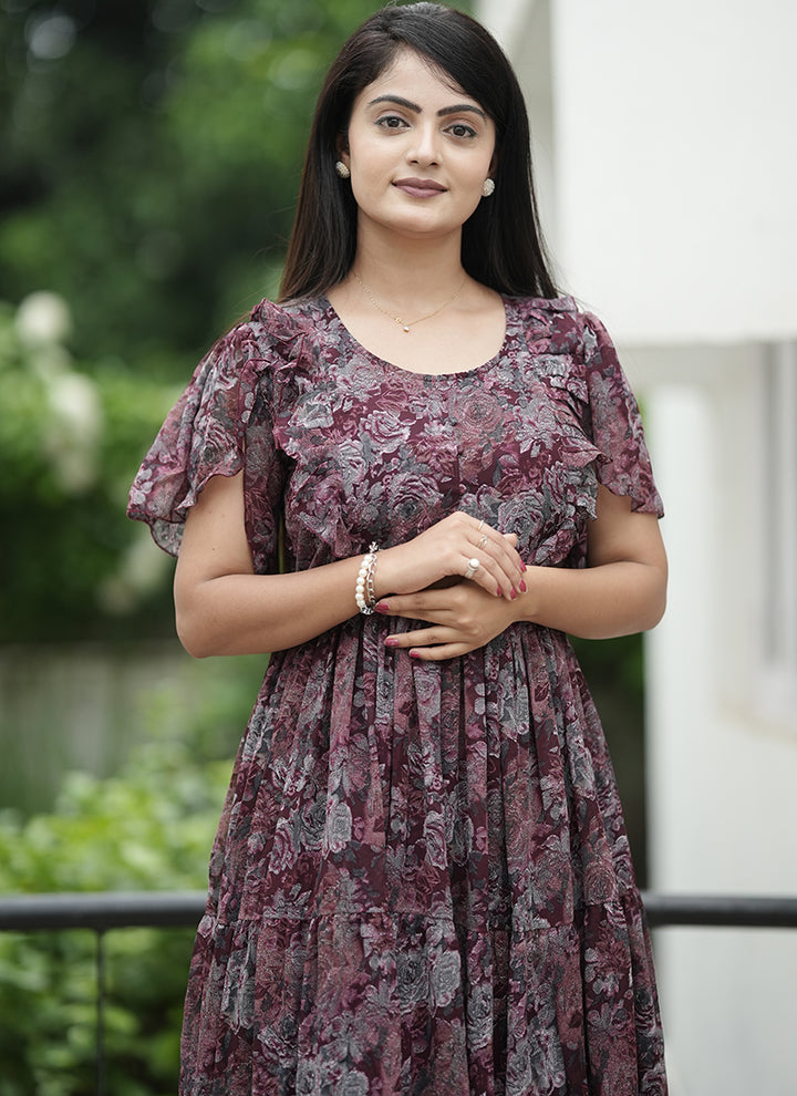 Maroon Georgette Printed Festive Dress