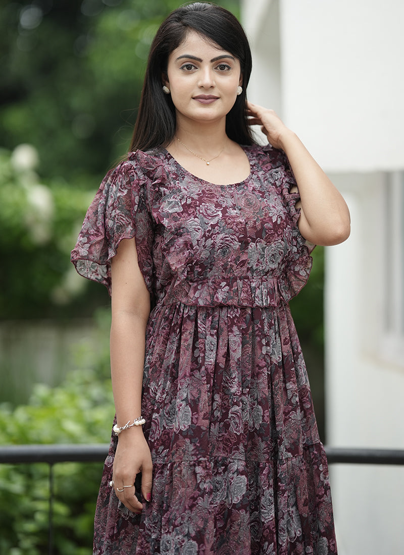 Maroon Georgette Printed Festive Dress