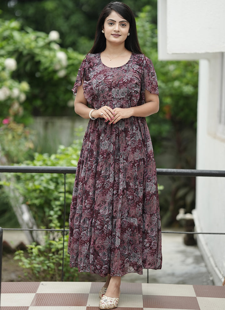 Maroon Georgette Printed Festive Dress