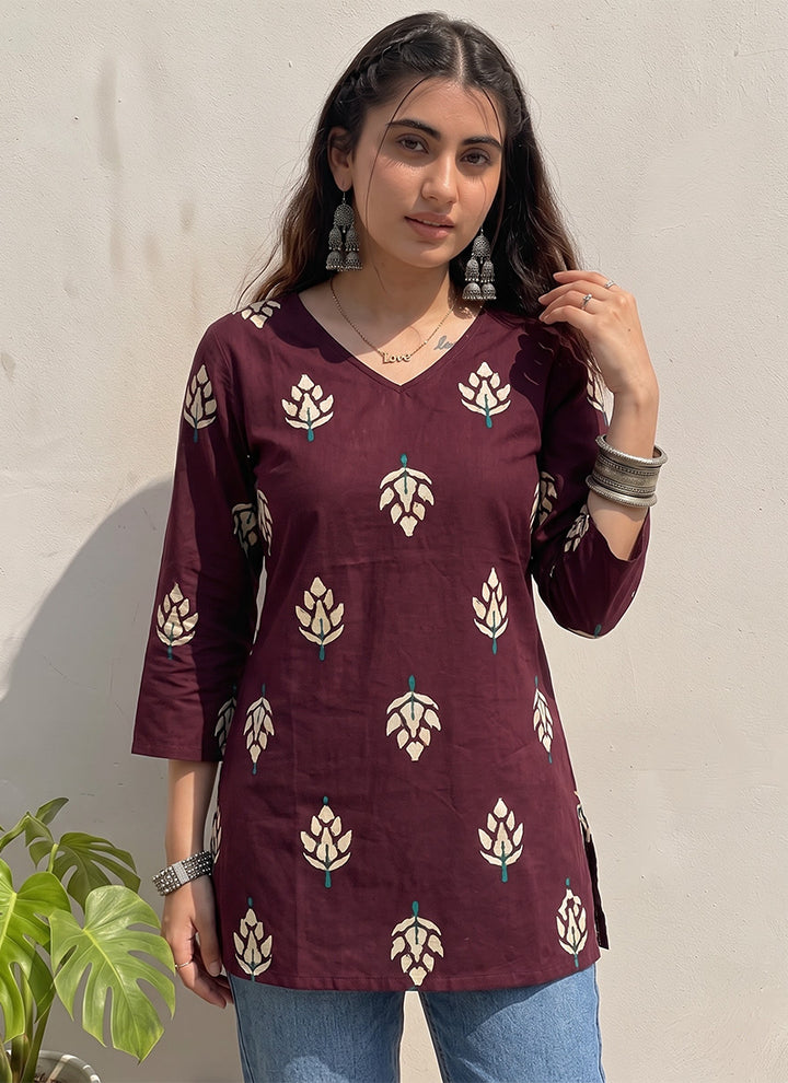 Wine Cotton Floral Printed Office Wear Kurti