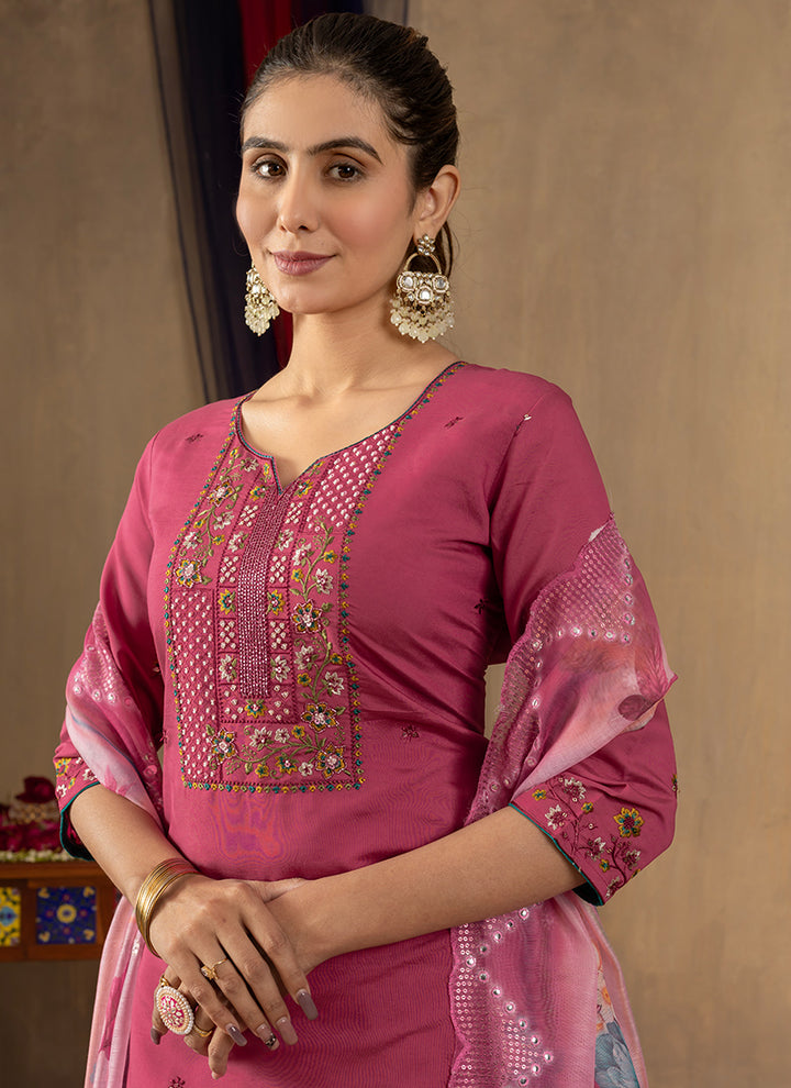 Pink Thread Work Roman Silk Salwar Set For Festive