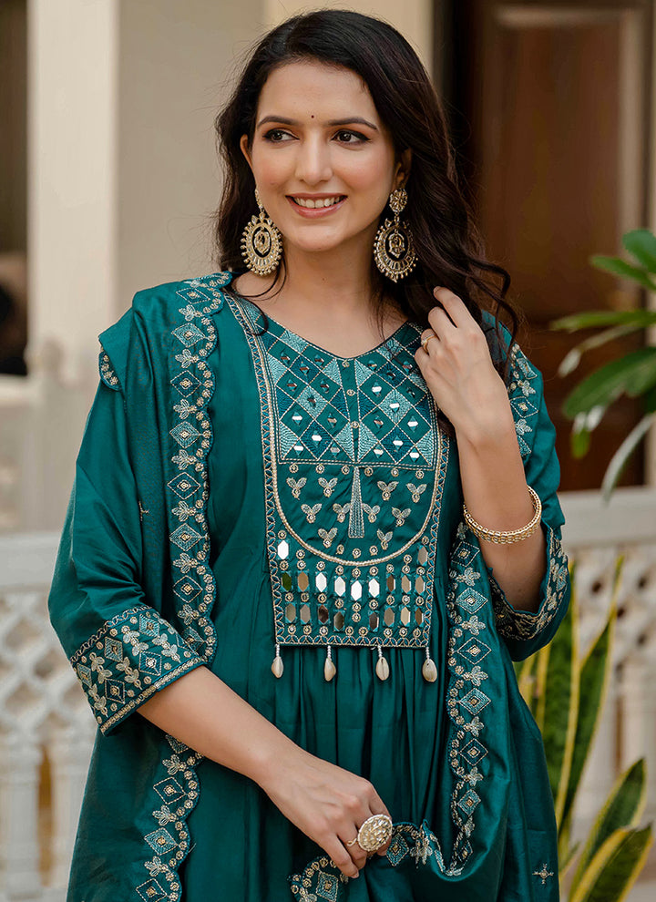 Teal Viscose Roman Silk Layered Kurta Set
