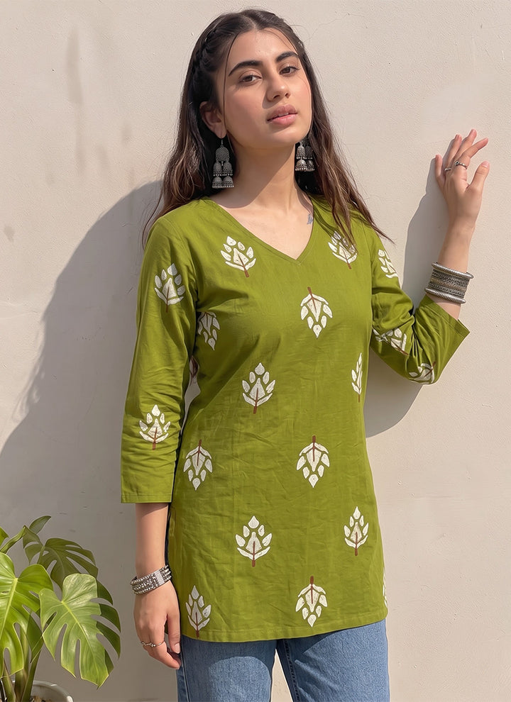 Green Cotton Printed V Neck OutWear Kurti