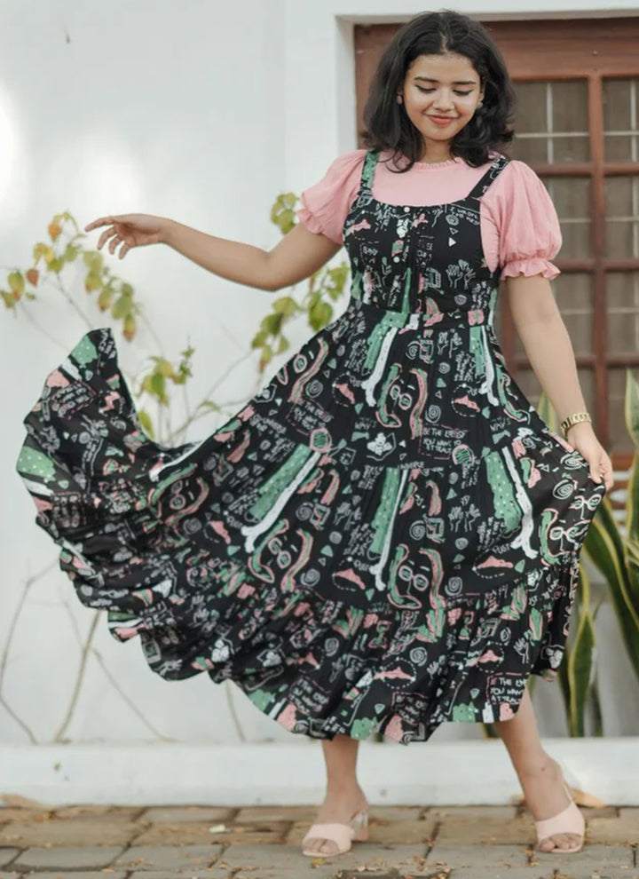 Black And Peach Rayon Printed Dungaree Dress