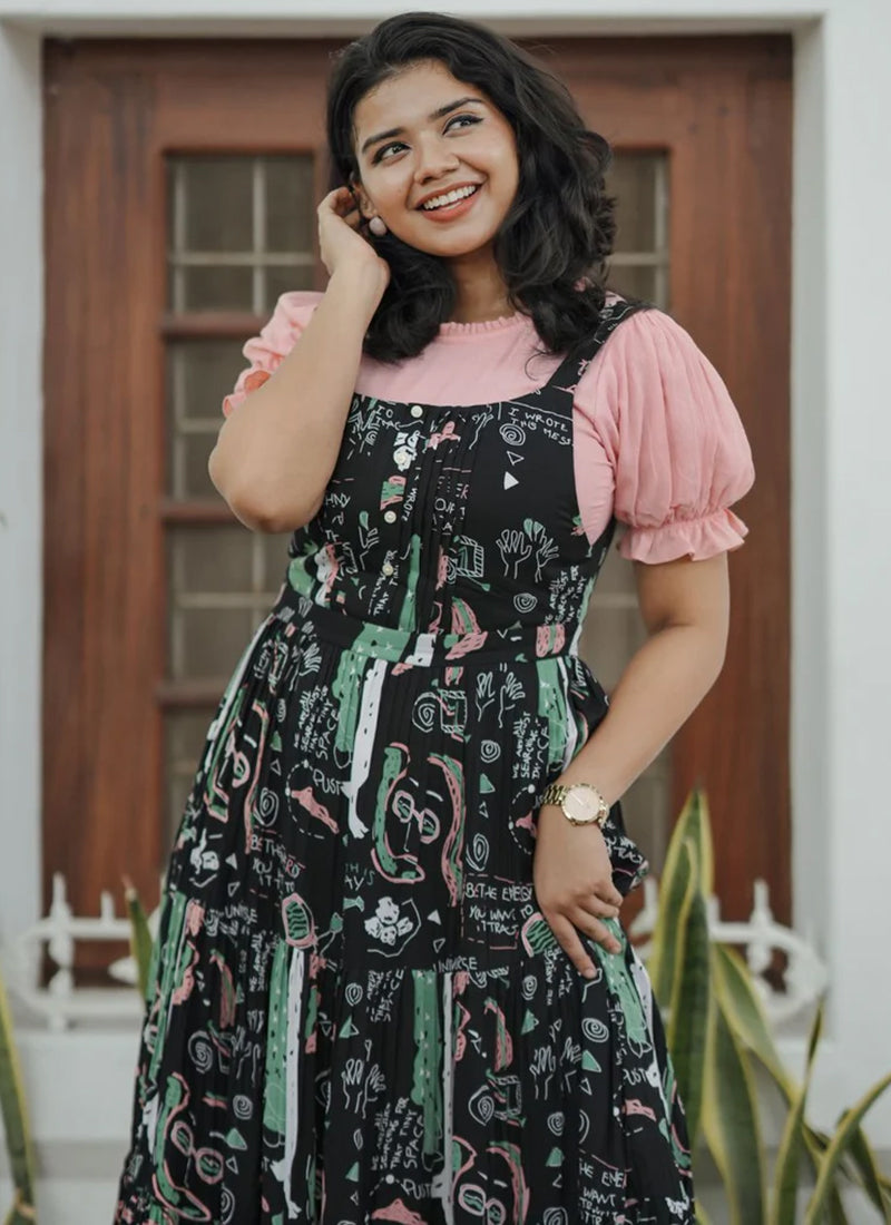 Black And Peach Rayon Printed Dungaree Dress