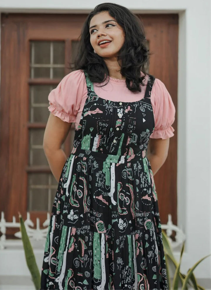 Black And Peach Rayon Printed Dungaree Dress