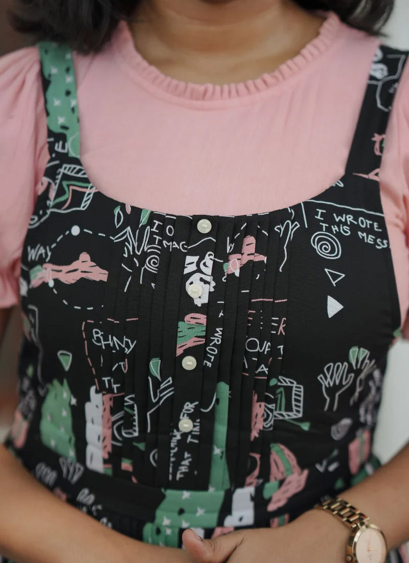 Black And Peach Rayon Printed Dungaree Dress